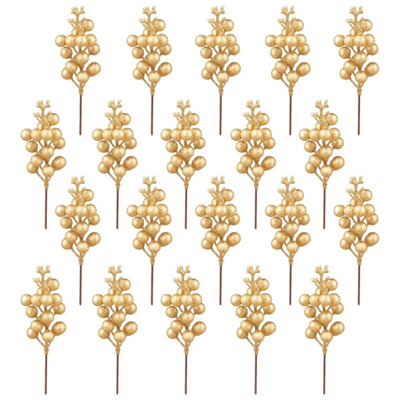 20 Pc Artificial Stems 75 Inches Christmas Glitter Berries StemsArtificial Christmas Picks for Xmas TreeGold