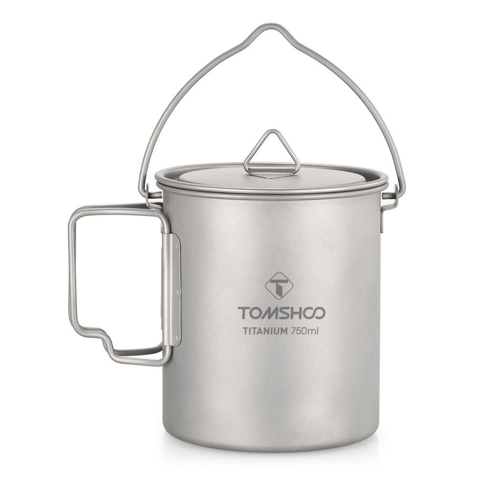TOMSHOO Ultralight 750ml Titanium Pot Portable Titanium Water Mug Cup with Lid and Foldable Handle Outdoor Camping Cooking Picnic