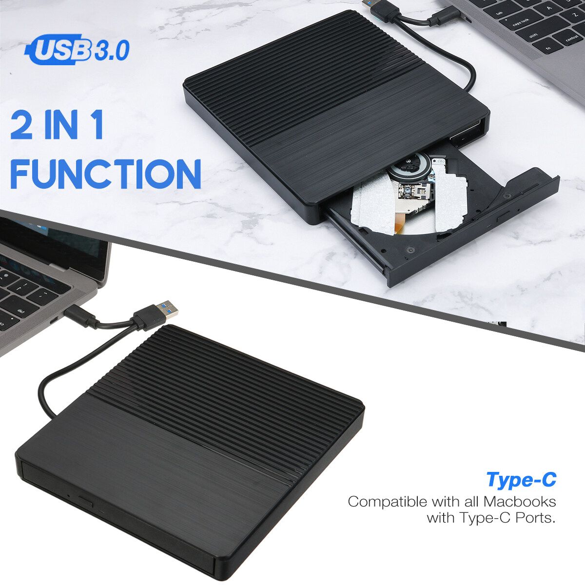 USB1.0/3.0 External CD DVD Drive With 2 USB Port Type CD Writer Rewriter High Speed Data Transfer For Laptop PC OS Windows 7/8/10