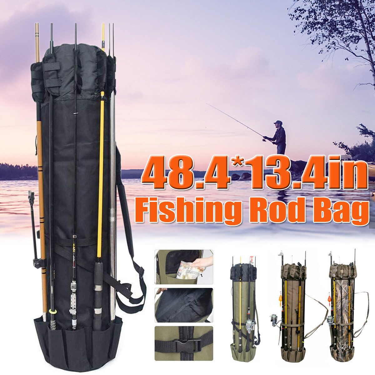 125cm Portable Folding Holder Rod Bag 600D Pole Case Carry Storage Travel Shoulder Tackle Tube, Holds 5 Poles & Tackle Khaki