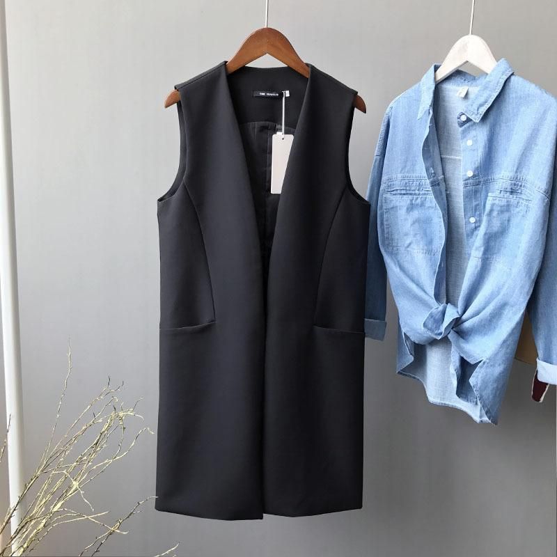 Lugentolo-Cheleco de Autumn for Women Simple and thin with short black and long solid temperament with informal n neckless sleeveless pocket sleeve