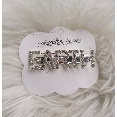 Earth Letter Inscribed Rhinestone Hair Clip- Silver