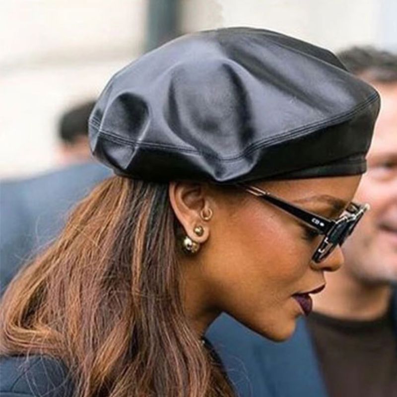 Women Beret Black Leather Beret Fashion Vintage Painter Cap Pea Cap