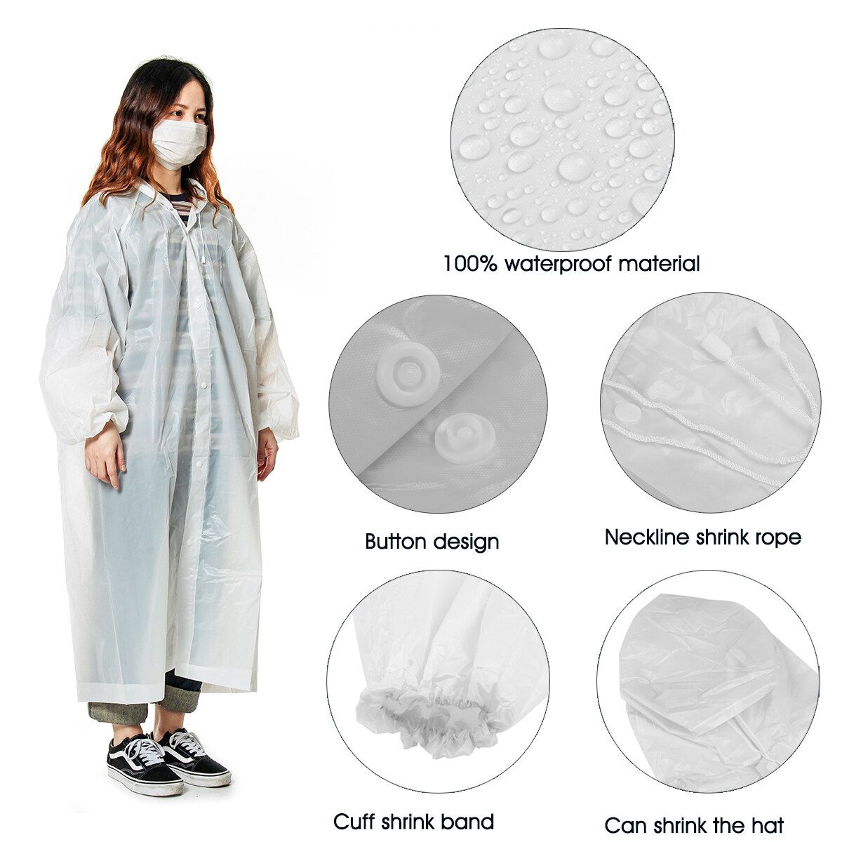 Adult Unisex Raincoat Emergency Waterproof Rain Hood Travel Camping Hiking Rainwear White