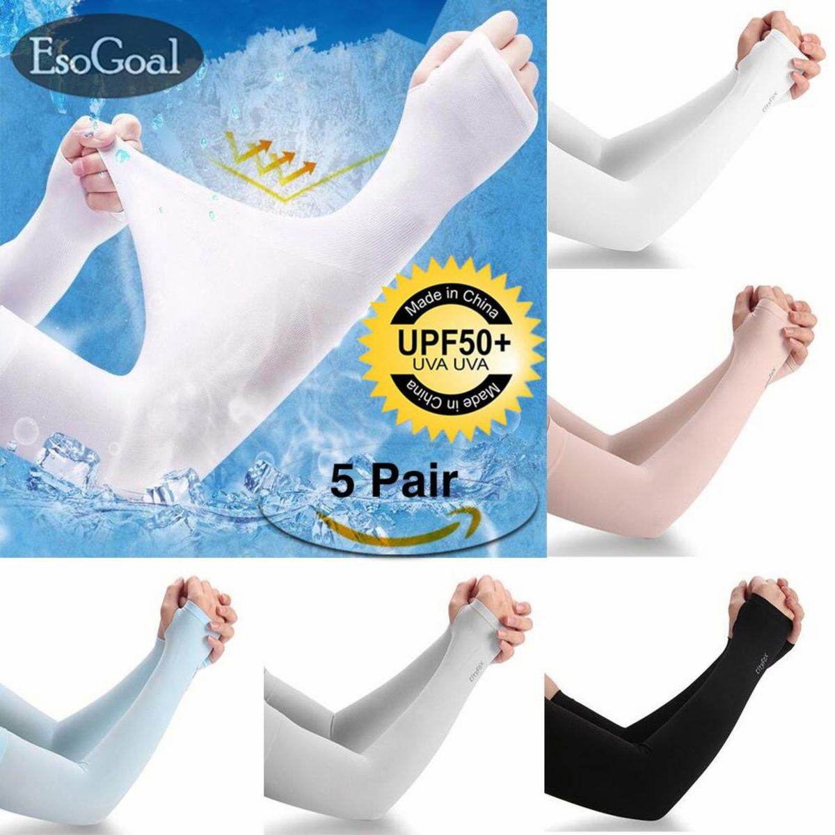 EsoGoal 5-Pairs Arm Cooling Sleeves UV Sun Protection