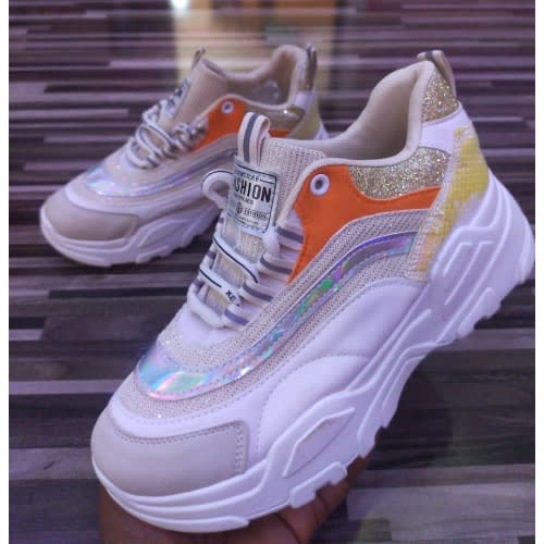 Girl's Sports Sneakers - White & Orange Multicolour