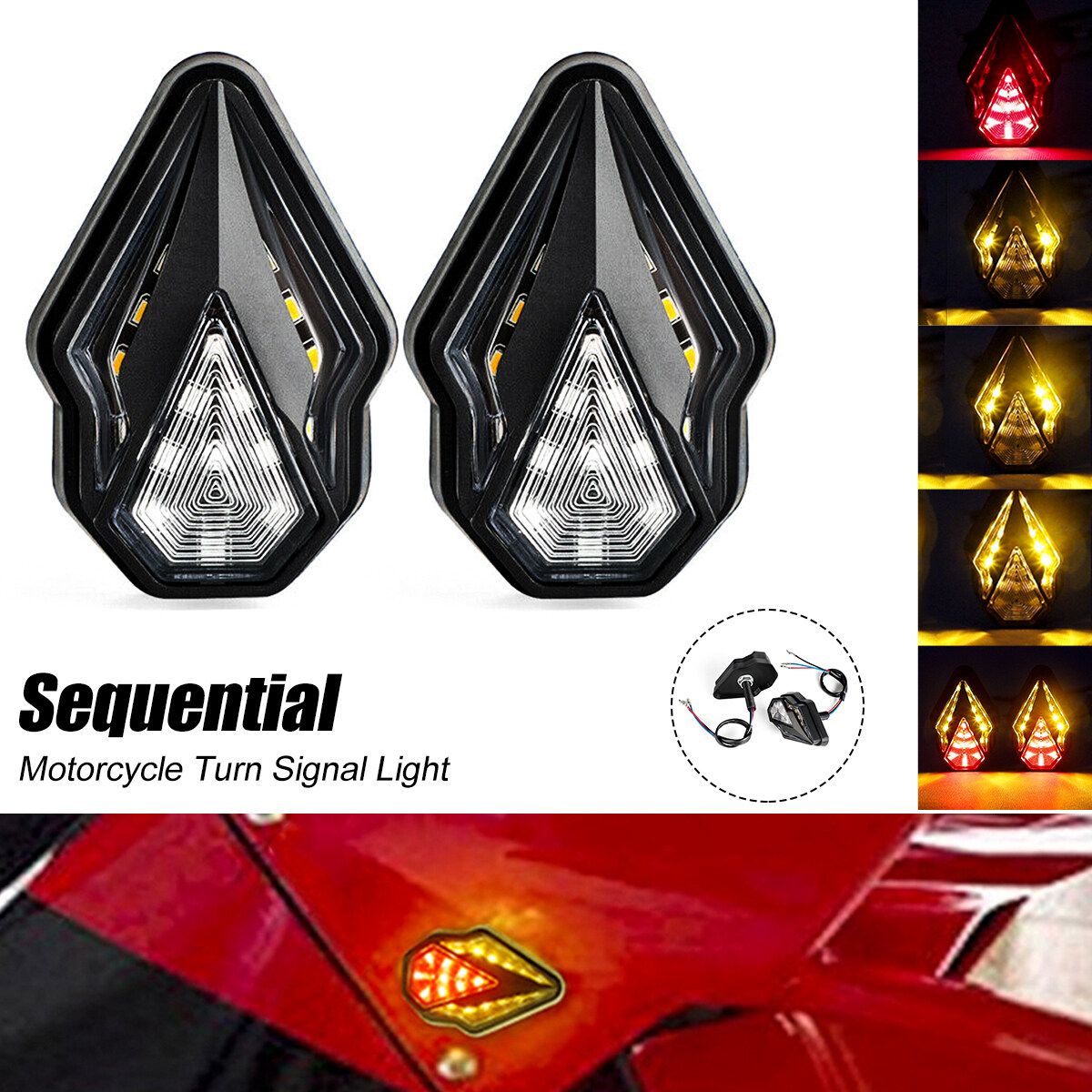Pair Motorcycle Sequential Flush Mount Turn Signal Red Amber LED Light Brake DRL