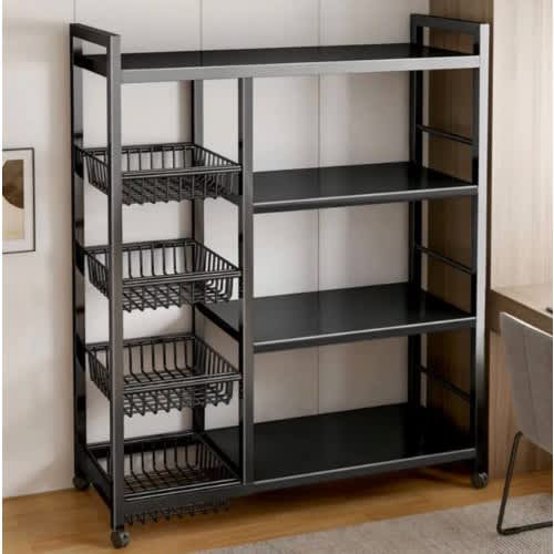 4-tier Shelving Unit Foldable 4 Hooks Metal On Wheels Storage Rack