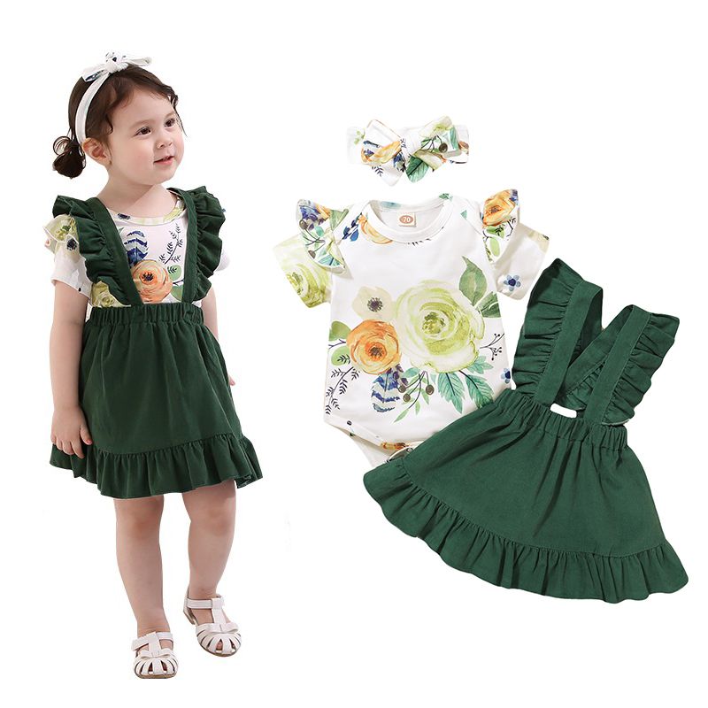 Baby Girls Dress Short Sleeve Rose Floral Short Sleeve Bodysuit + Green Suspender Skirt + Headband