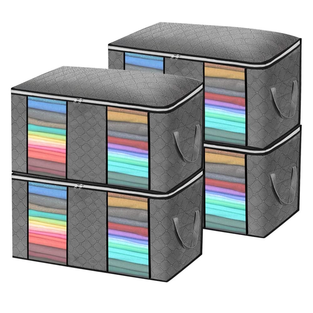 4 Pack Large Capacity Foldable Clothes Storage Bag Organizer with Clear Window,Reinforced Handle Thick Fabric for Comforters, Blankets, Bedding, Clothes with Sturdy Zipper (Grey)