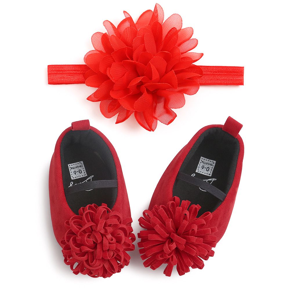 Sonia Baby Girl First Birthday Shoe + Headband - Red