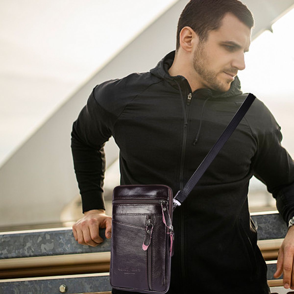 Men's Leather Shoulder Bag Outdoor Sports Mobile Phone Bags Waterproof And Durable Leather Pockets For Business Receipt Wallets