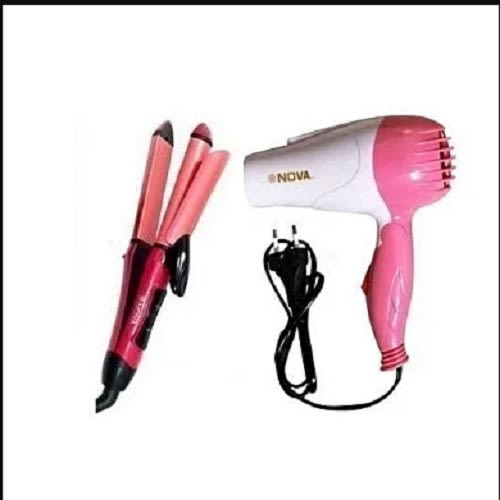 2 In 1 Hair Curler & Straightener  +  Hair Dryer -Pink