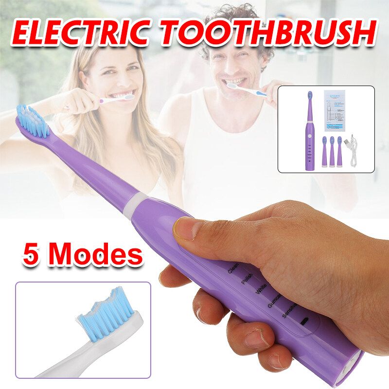 Oral Care Electric Toothbrush 5 Modes Teeth Cleaning Rechargeable 4 Brush Heads 3 Colors Purple