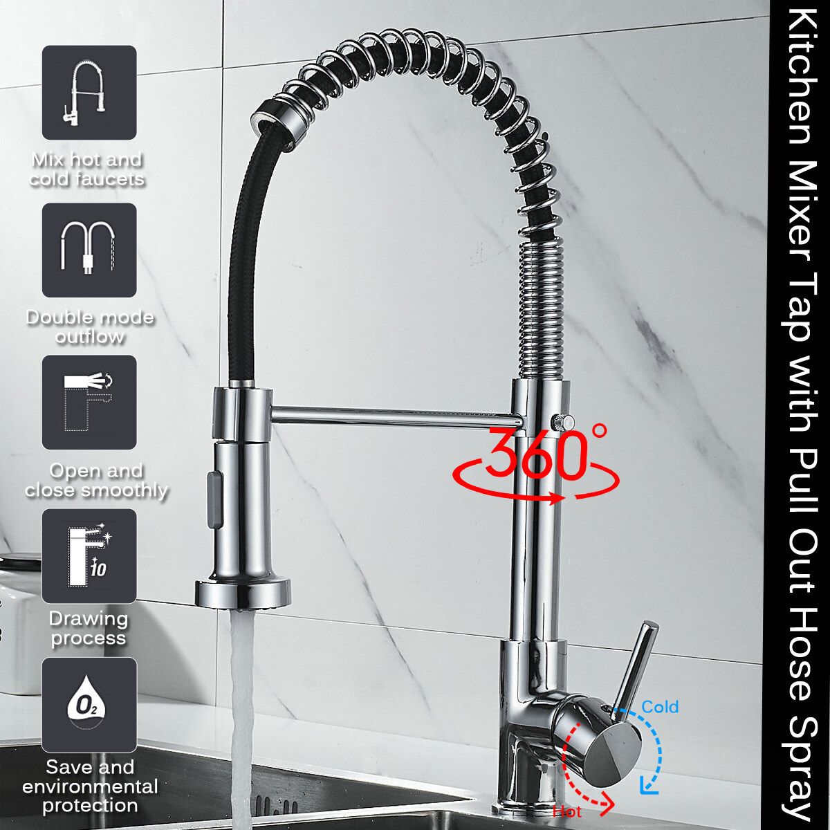 Bathroom Faucet 360&deg; Rotating Chrome Copper With Pull Down Hose Spray Single Handle Lever Hot And Cold Tap Water Basin Kitchen Sink Wash Home Brushed