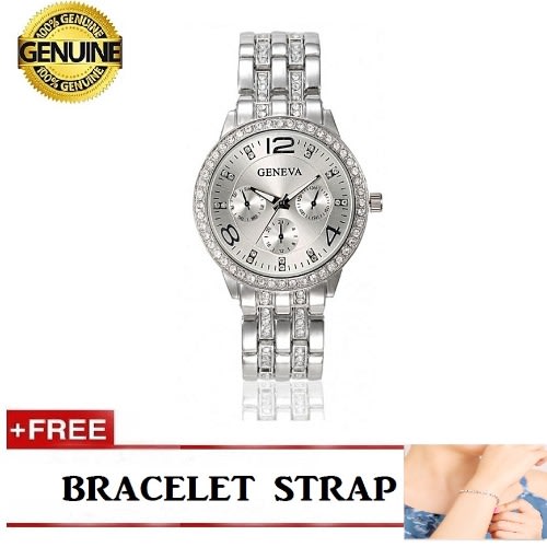 Luxury Crystal Quartz Rhinestone Crystal Wrist Watch - Silver + Free Bracelet