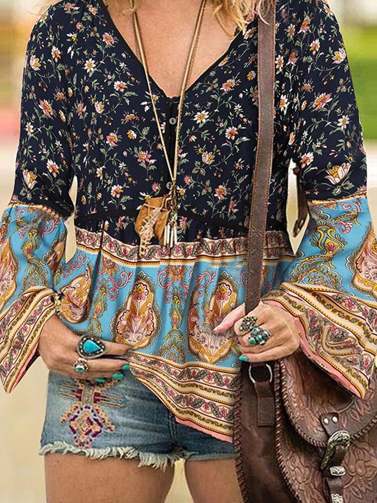 Women Bohemian Retro Floral Printing V-Neck Knee Length Casual Blouses