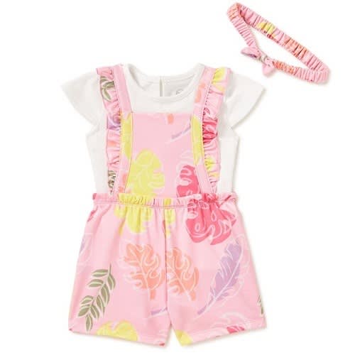 Baby Girls Pinafore Overall, Top & Headband 3 Pieces Outfit Set - Leaves