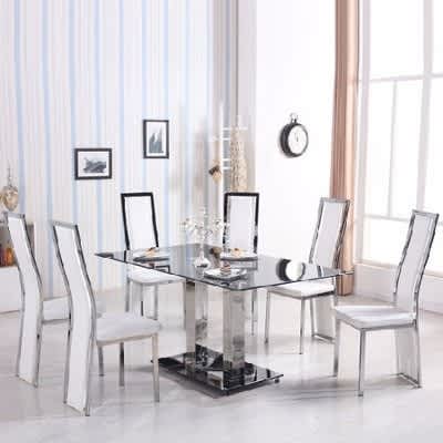 Dining Table In Black Glass With 6 Collete White Chairs