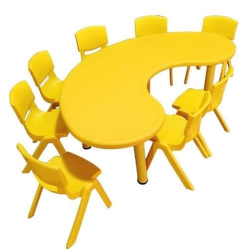 Classroom Half Moon Table With 8 Chairs - Yellow