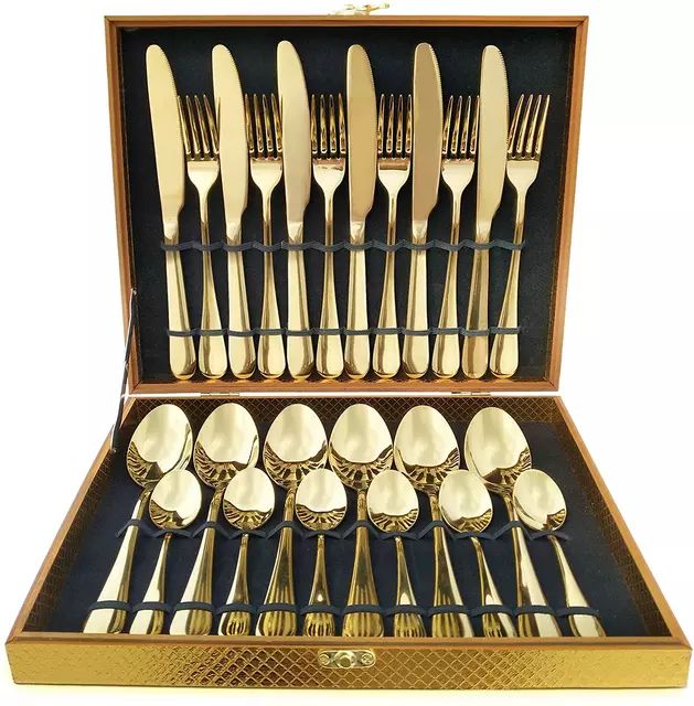 Set Of 24pcs Gold Plated Cutlery Spoon Fork And Knife