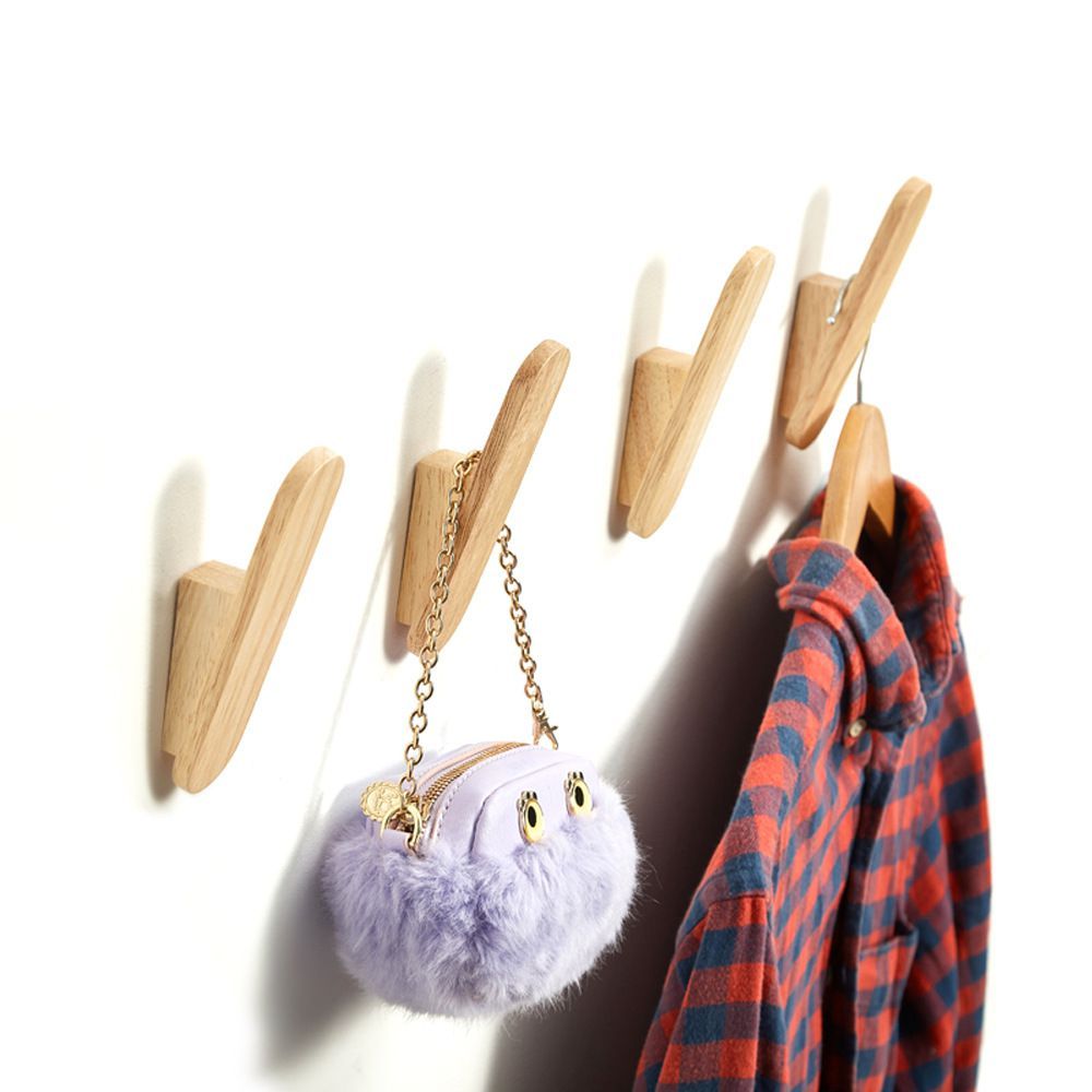 4 Piece Natural Wooden Clothes Hooks Wall Mounted Hat Hanger