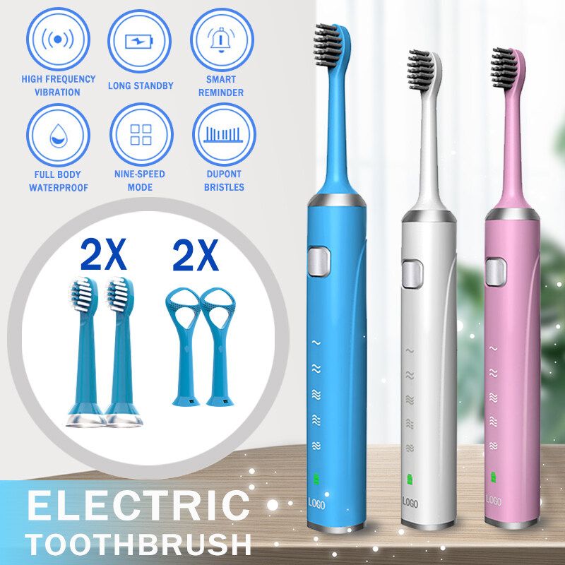 IPX-7 Waterproof Sonic Electric Toothbrush 5 Modes Powerful Cleaning USB Charging Electric Toothbrush For Tooth Oral Cleaning +2 Brush Head +2 Tongue Cleaner Pink
