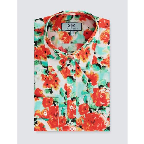 Women's Cream & Red Vintage Cason Rose Floral Fitted Shirt - Single Cuff