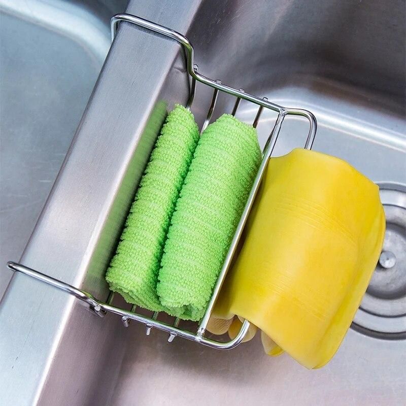 Hot Sale Kitchen Sink Organizer Stainless Steel Hanging Sponge Holder Towel Rack Sink Drainer Basket Cleaning Tool Storage Org