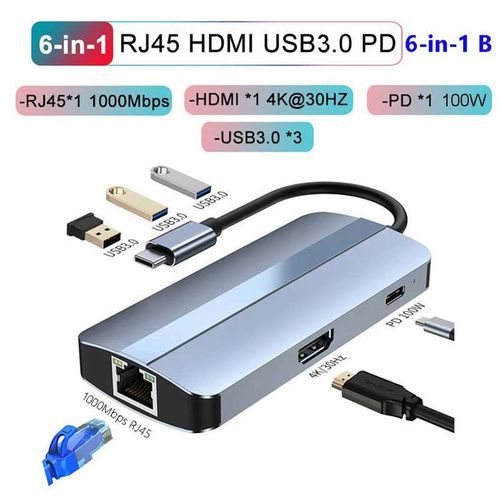 6 In 1 Docking Station Type C USB 3.0 Hub HDMI-compatible