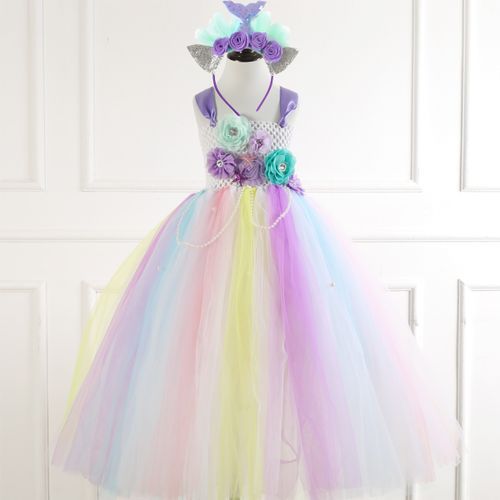 Girls Sleeveless Dress [Mermaid*Flowers*Pearls*Free Headwear]-722
