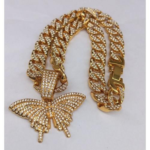 Iced Out Gold Cuban Link Choker  With Butterfly Pendant