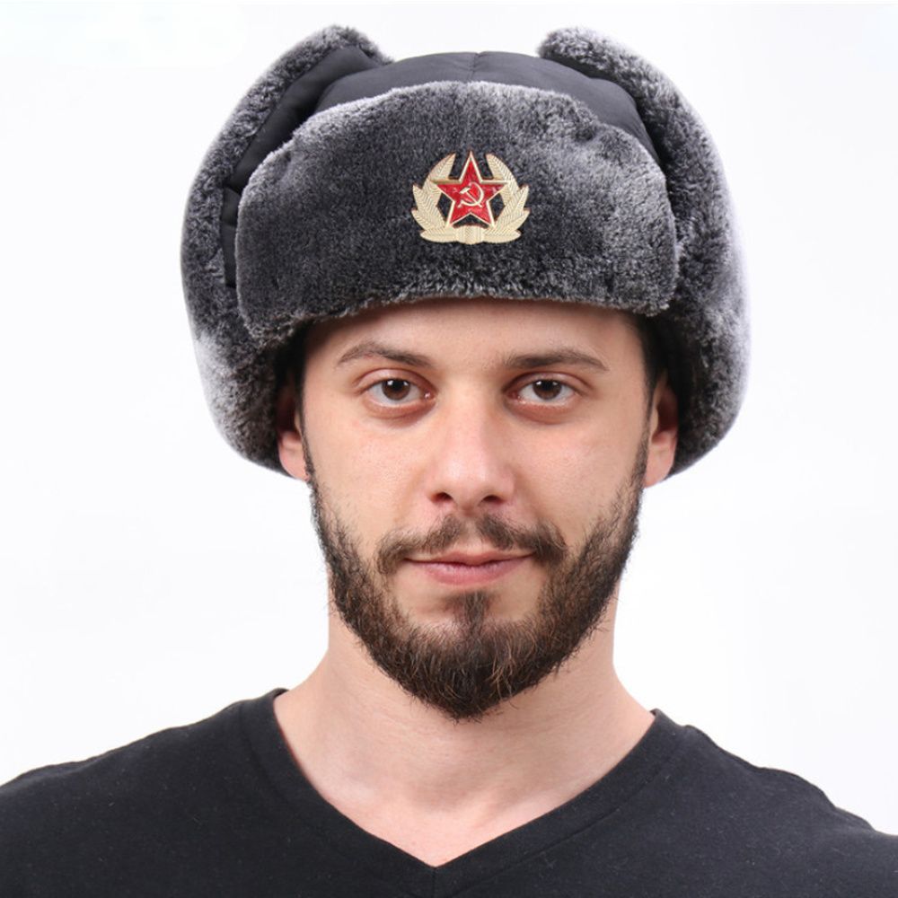 Winter Bomber Hats for Men Soviet Badge Lei Feng Hat with Veil Outdoor Waterproof Snow Caps Warm Thickened Ear Flaps Cap Ushanka