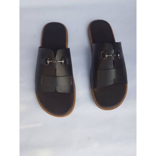 Men's Black Leather Slippers with Chain Detail