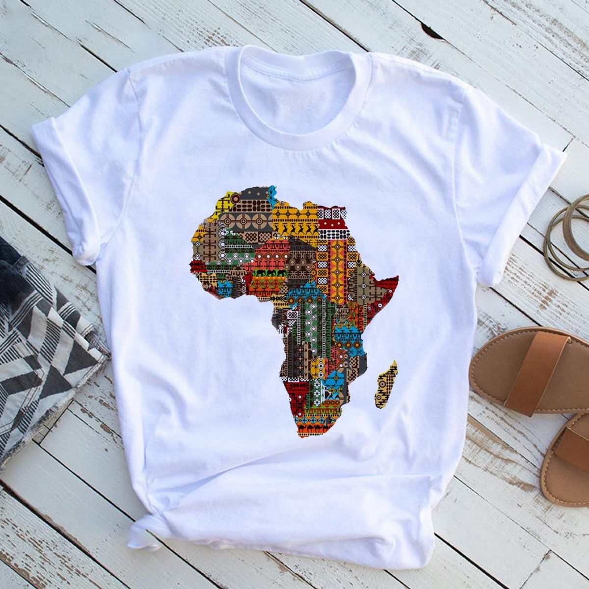 Africa Map Black Girl Black Girl Printed T-shirt Short Sleeve Women's Clothing