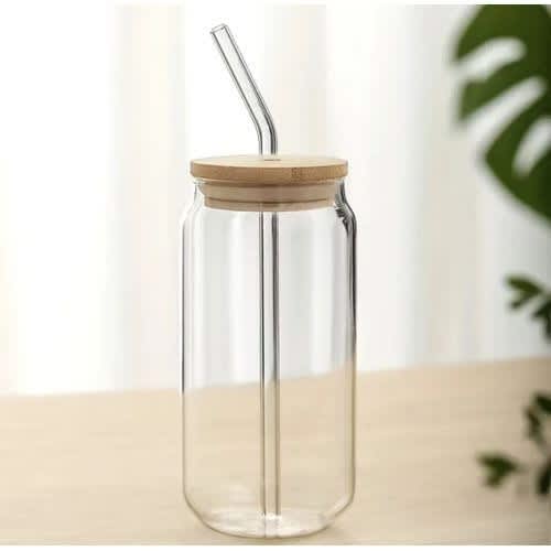Plain Glass Smoothie Cup With Straw and Wooden Cover - 500ml