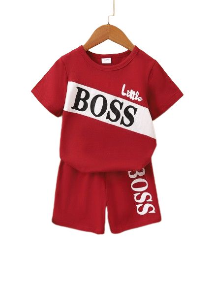 2PCS Clothes Set Kid Boy Letter Boss T-shirt+ Red Shorts