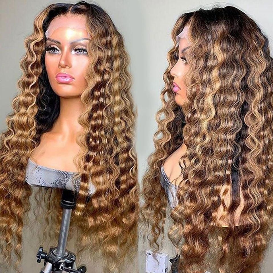 RE DU Young girl Highlight Hair Deep Wave Frontal Wig Ombre Blonde Front Wig Colored Curly Hair Wigs For Black Women
