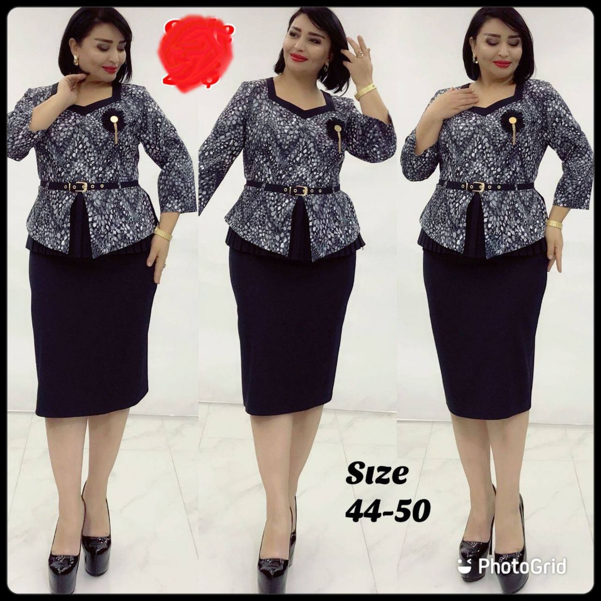 Turkey Pleated Under-Flare Peplum Skirt Suit-BLACK