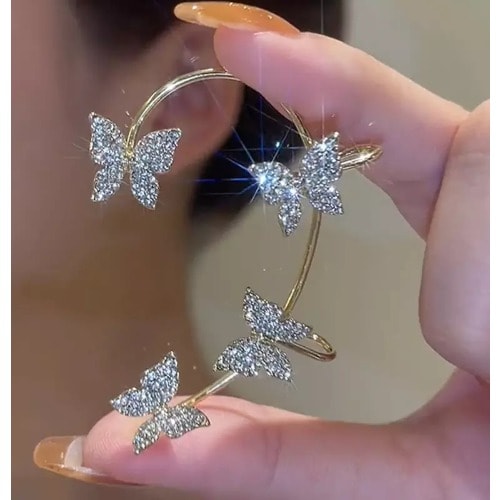 1 Piece Rhinestone Butterfly Ear Cuff Earring- Gold