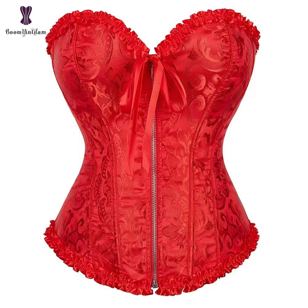 Jacquard Floral Overbust Corset Front Busk/Zipper Waist  Top Elegant-819 Red