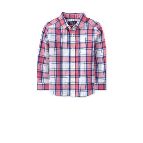Boys Plaid Checkered Longsleeve Shirt- Coral And Blue