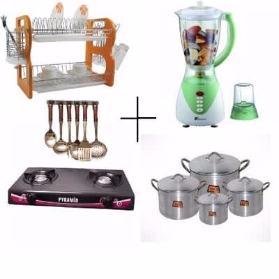 Plate Rack, Gas Cooker, 4 Sets of Pots, Saisho Blender and Cooking Spoons