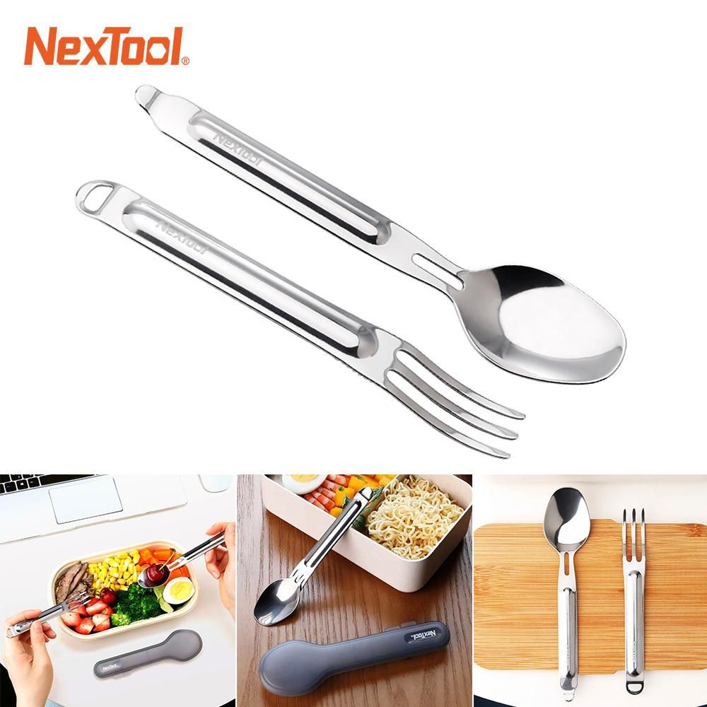 NexTool 2 PCS Outdoor Flatware Set with Case Silverware Set Fork Spoon Travel Set Portable Mirror Polished Stainless Steel Cutlery Set for Travel Lunch Box and Camping
