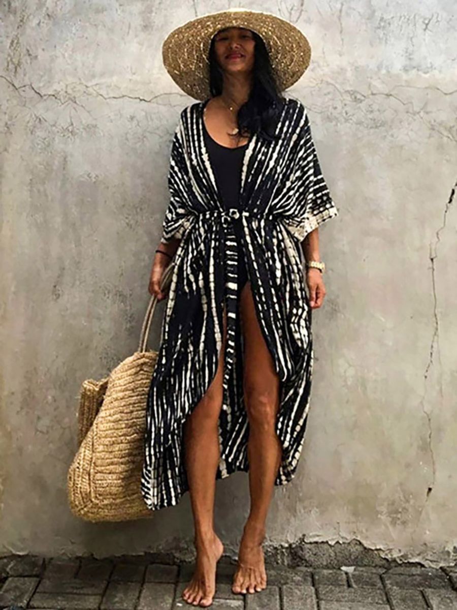 (Black White)2023 Summer Swimwear Cover Up Kimono Cape Women Beach Pareo Dress Vacations Femme Clothing Tunic Bikini Cover-ups Beachwear Robe SMA