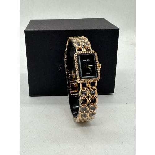 Party Wear Rectangular Chanel Ladies Watch - Black Dial Gold Edition