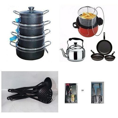 Economy Kitchen Bundle - 4 Set Of Non Stick Pot,deep Fryer, Kettle + 3 Set Of Non Stick Frying Pan + 1 Set Of Non Stick Spoon + 1 Set Of Knife