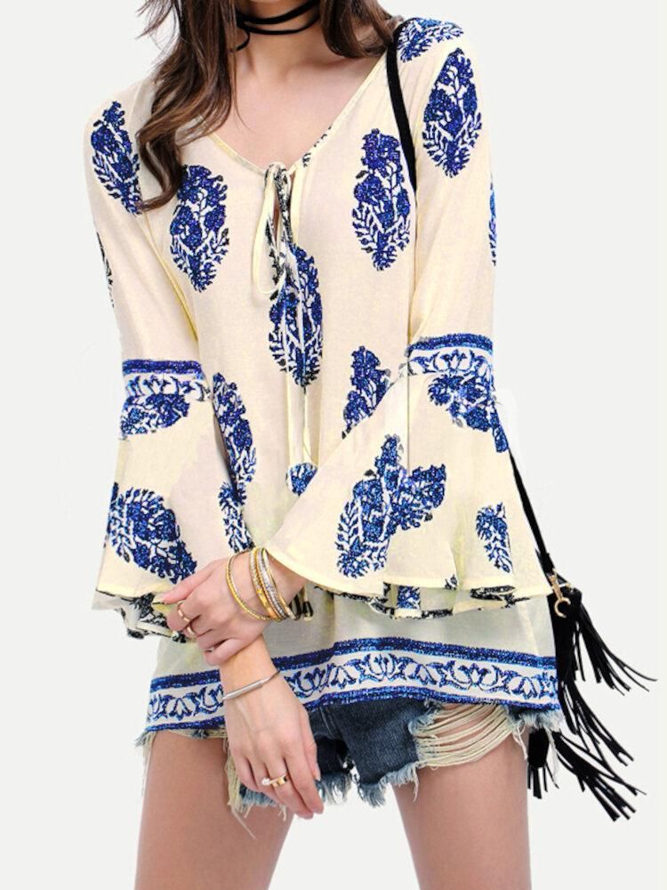 Bohemian Women Floral Print V-neck Bell Sleeve Blouse