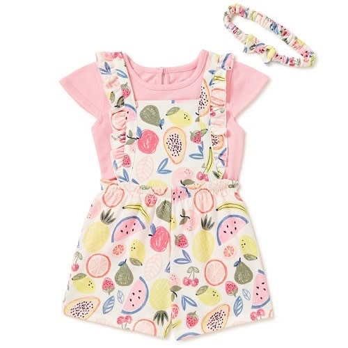 Baby Girls Pinafore Overall - Top & Headband 3 Pcs Outfit Set- Pink Fruits
