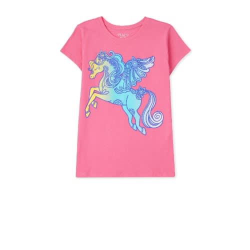 Girls Unicorn Flying Horse Glitters Graphic Top- Pink.